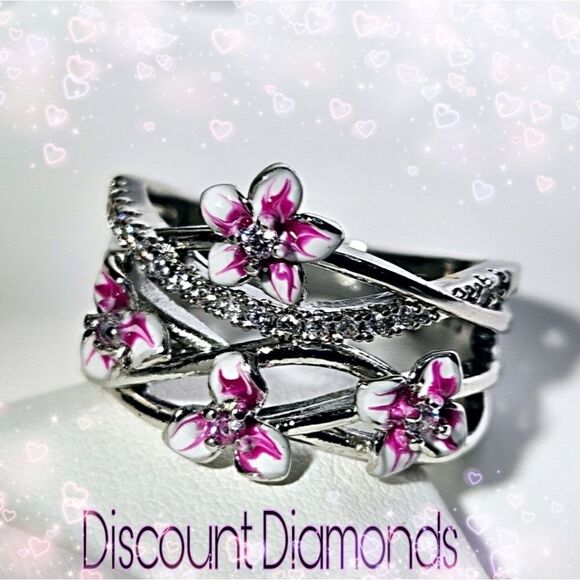 Pink Flower Clear White Diamond Ring on 925 Sterling Silver - Women's - Picture 1 of 7
